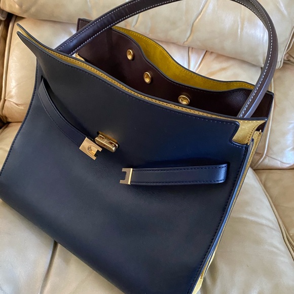 LARGE Tory Burch Lee Radziwill Double Bag Leather Suede Navy Yellow NO STRAP! - Picture 1 of 16